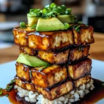Crispy Teriyaki Tofu and Avocado Rice Stack