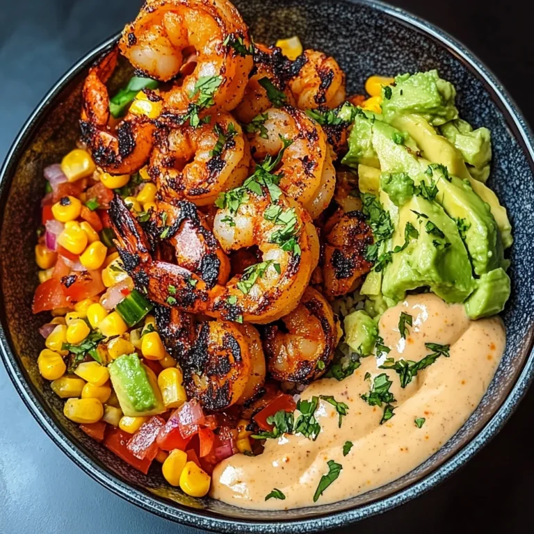 Grilled Shrimp Bowl with Avocado, Corn Salsa & Creamy Sauce
