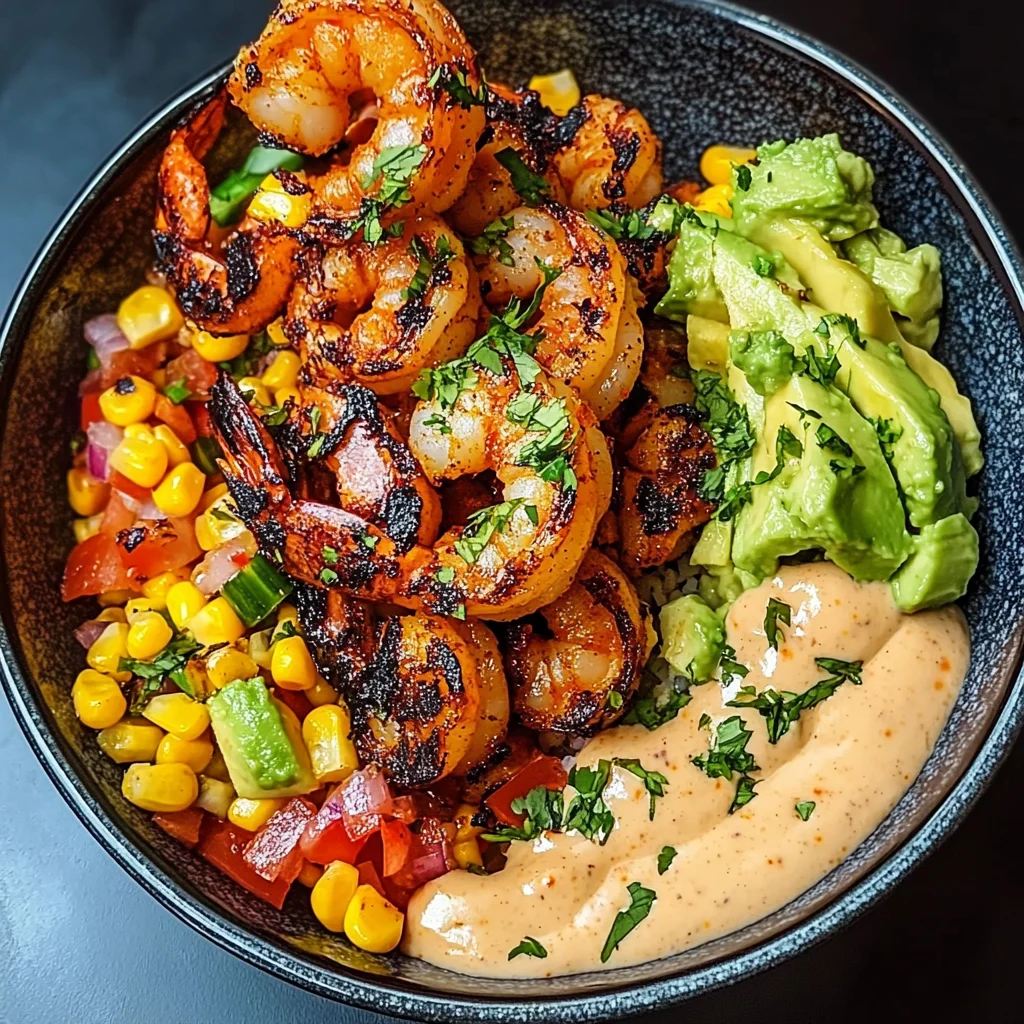 Grilled Shrimp Bowl with Avocado, Corn Salsa & Creamy Sauce