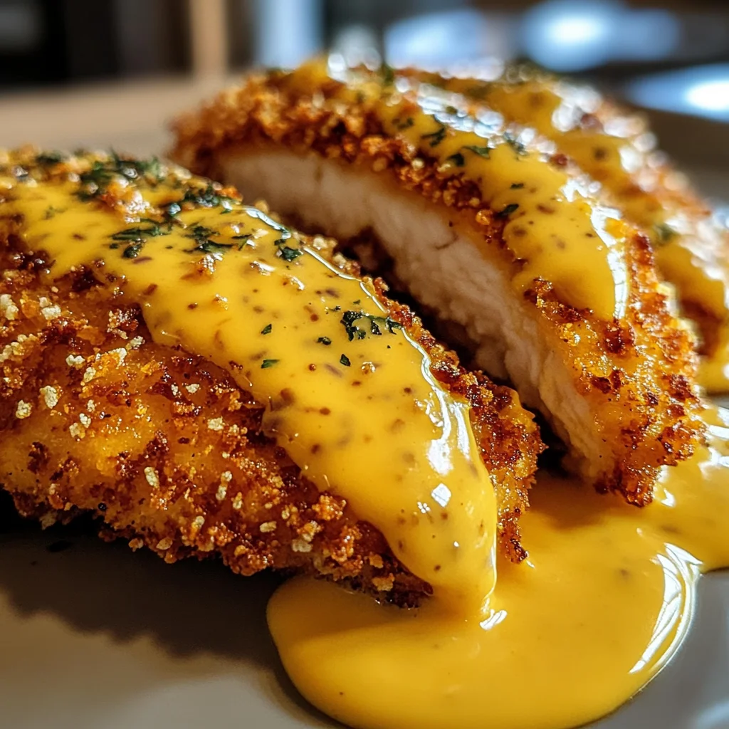 Pretzel Chicken with Mustard Cheddar Sauce Delight